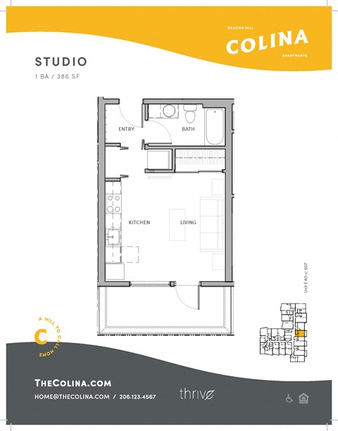 Floor plan for studio, 1 bath, 386 sqft
